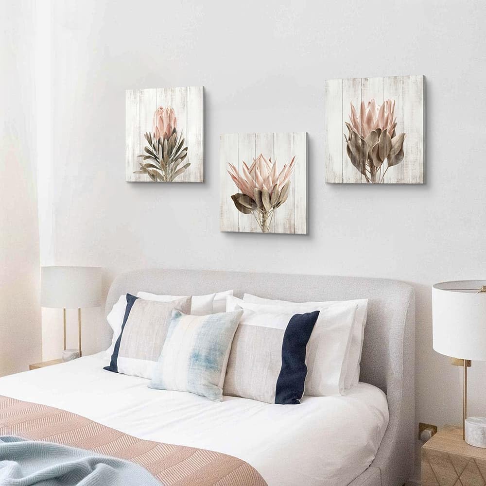 Artitude Floral Canvas Wall Art Bedroom: Flower Picture Blossom Pink Protea Painting Print Decor 3 Piece Rustic Blooming Wildflower Botanical Artwork for Living Room Home