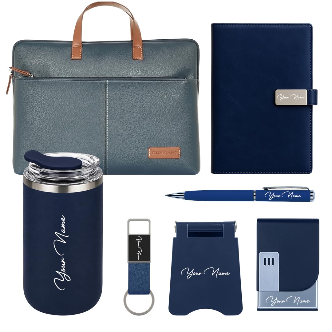 Giftana 7 in 1 Laptop Bag with Personalized Diary & Pen, Keychain, Card Holder, Mobile Stand, Coffee Tumbler 350ml, Customized Gift for Husband, Employee Welcome Kit, Corporate Gift for Employees (Blue)