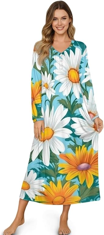 Long Nightgowns for Women Long Sleeve Nightgown Soft Comfy Print Nightshirt Fall Henley Sleep Dress Loungewear