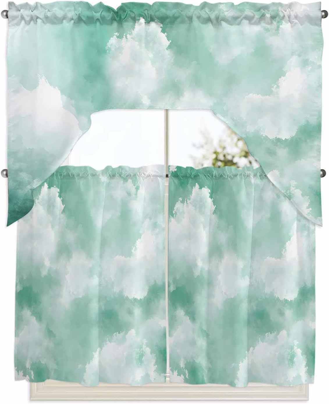 Green Sky Cloud Kitchen Curtain and Valance Set 3 Pieces, Rod Pocket Short Tier Curtains 24 Inch Length, Natural Landscape Scenery Ombre Swag Topper Small Window Treatment for Cafe Bathroom Bedroom