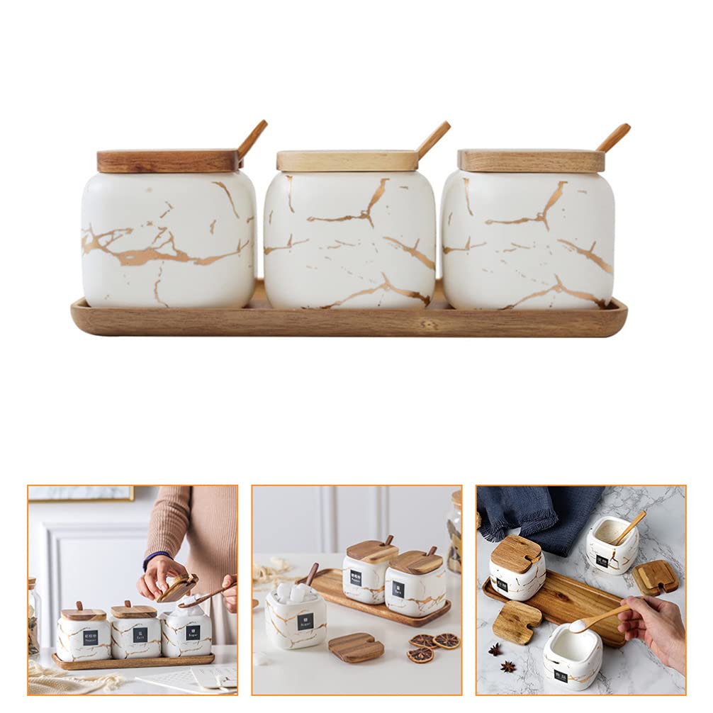 1 Set Barattoli per condimenti Portaspezie Contenitore per condimenti in Ceramica Rack Portaspezie Contenitore con Coperchio a Cucchiaio Vassoio per Cucina tè caffè Zucc