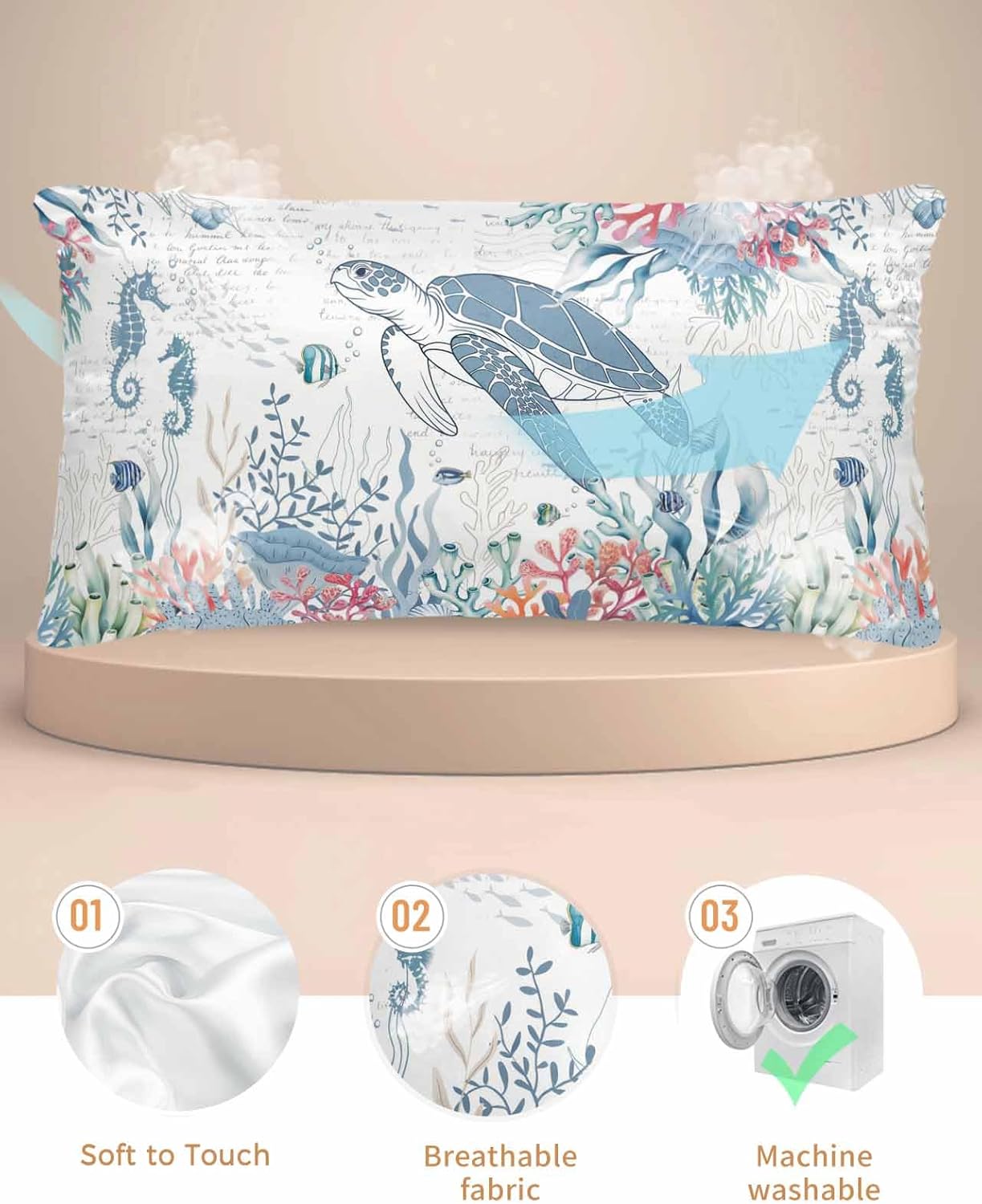Coastal Turtle Pillow Cases Cal King Size, Summer Beach Nautical Smooth Satin Pillowcase for Hair and Skin, Ocean Coral Seahorse Decorative Cooling Bed Pillow Covers, 20x40 Inches