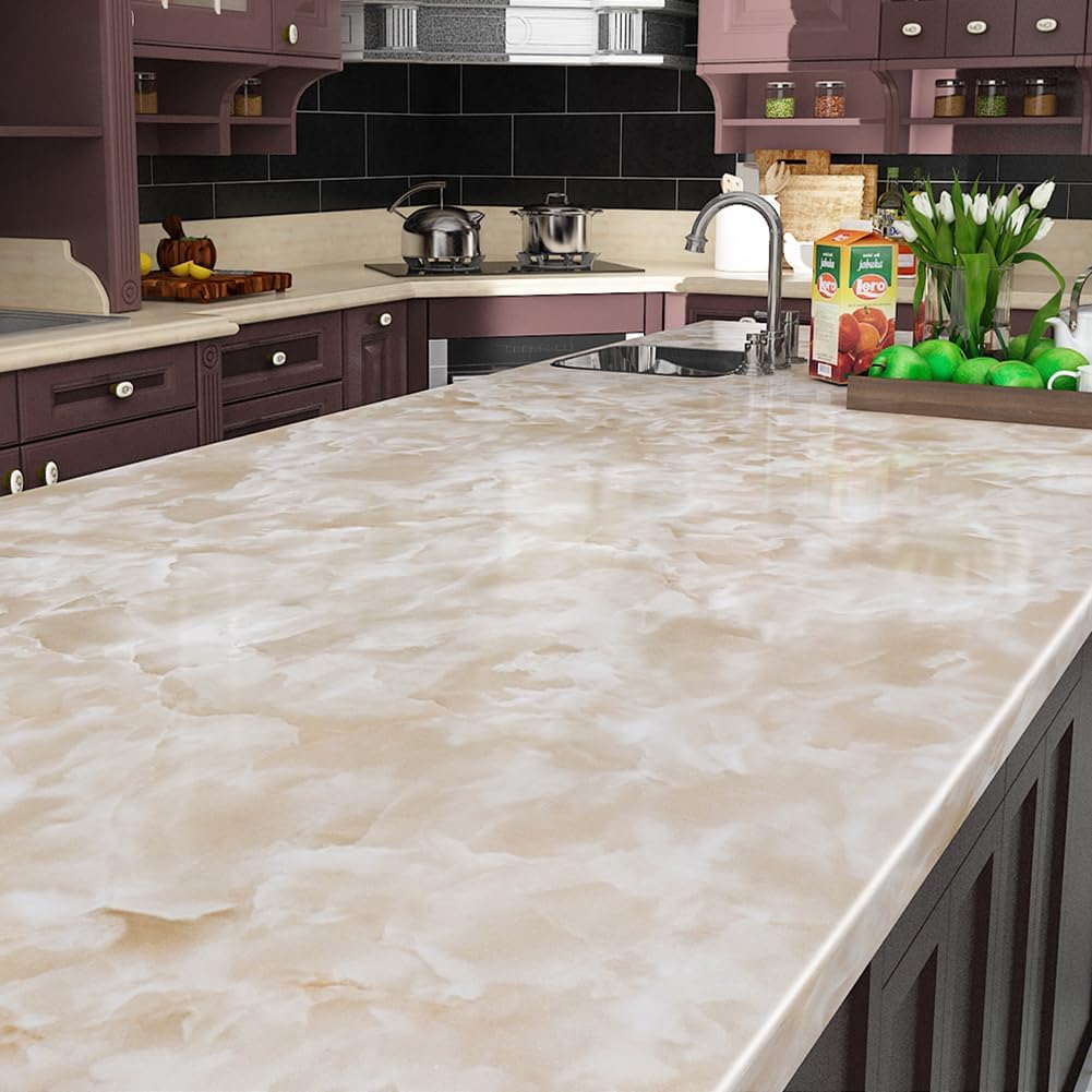 Livelynine 24x394in Removable Marble Wallpaper Peel and Stick Countertop Waterproof Glossy White Beige Marble Contact Paper for Countertops Wide Desk Cover Self Adhesive Kitchen Counter Top Vinyl Wrap