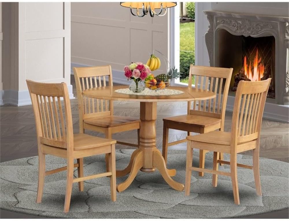 East West Furniture DLNO5-OAK-W 5 Piece Modern Dining Table Set Includes a Round Wooden Table with Dropleaf and 4 Dining Chairs, 42x42 Inch, Oak