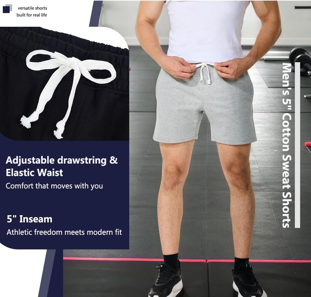 Mens 5 Inch Sweat Shorts Zipper Pockets Cotton Gym Shorts with Elastic Waist for Athletic Workout Lounge Casual - Image 5