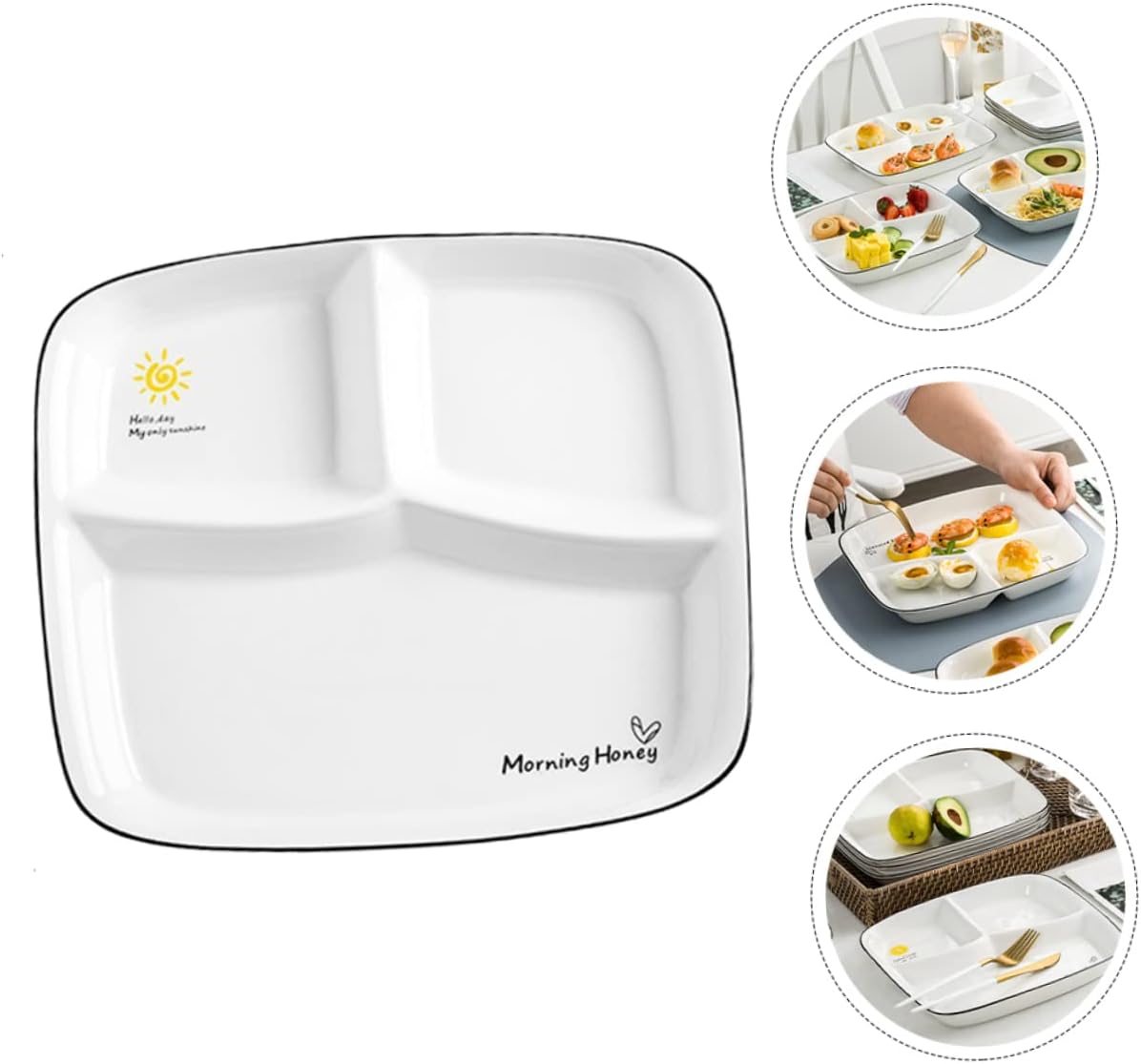 Ceramic Divided Breakfast Plate Three Grid Tray for Home Use Fixed Breakfast Dish Elegant White Design for Single Serving Meals