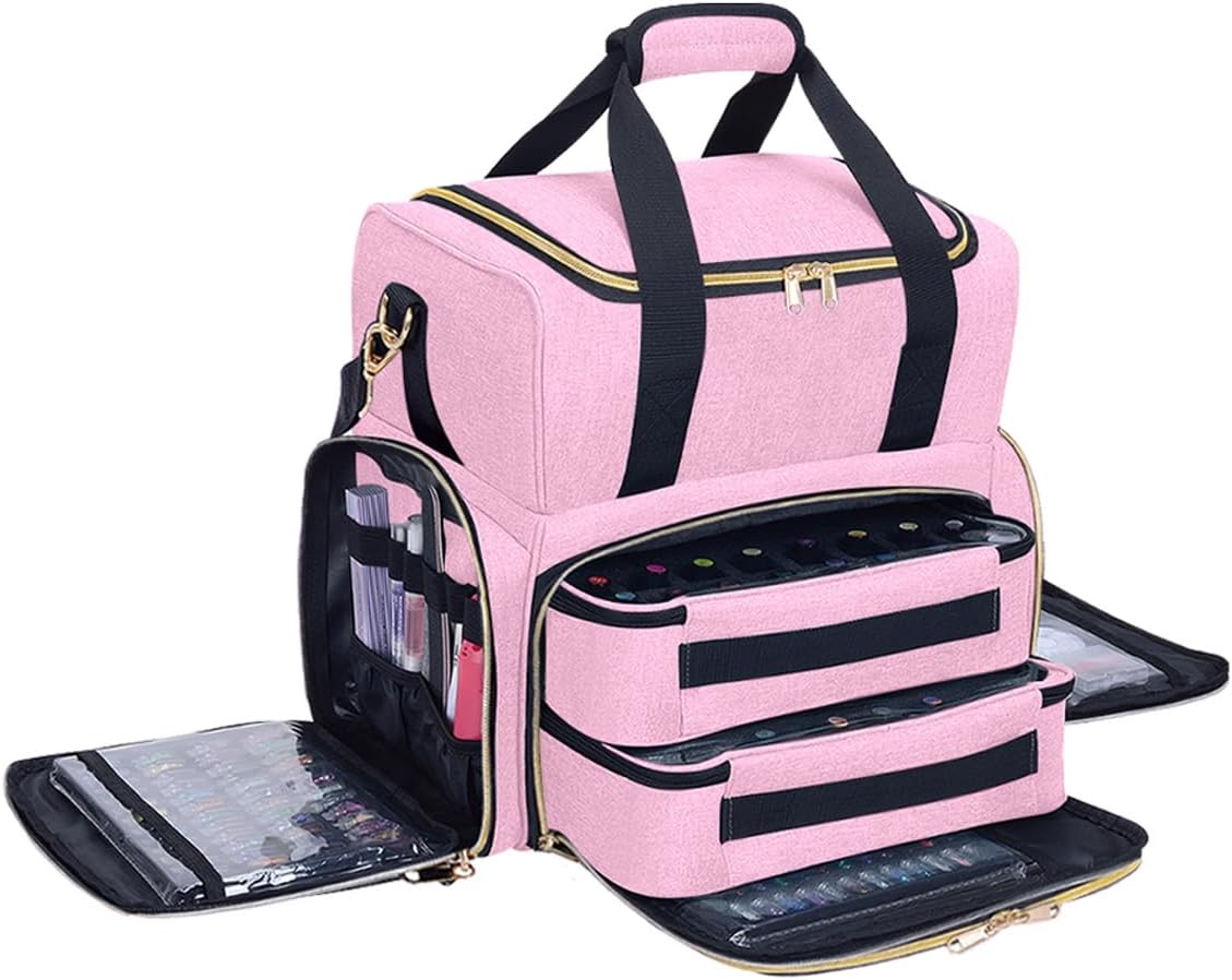 Nail Polish Case Organizer Large Capacity Travel Storage Box 80 Bottles(15ml/0.5fl.oz) with 2 Detachable Bags for Nail Tools Essential Oils and Cosmetics Sets Pink