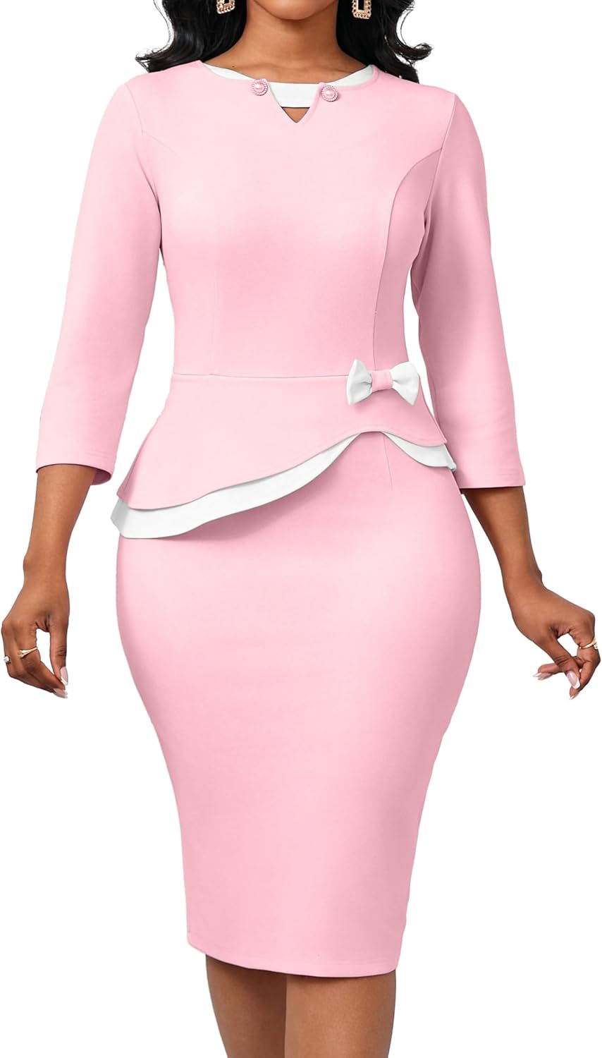 Oxgmoky Women Church Dress Work Business Bodycon 3/4 Sleeve Round Neck Pencil Dresses