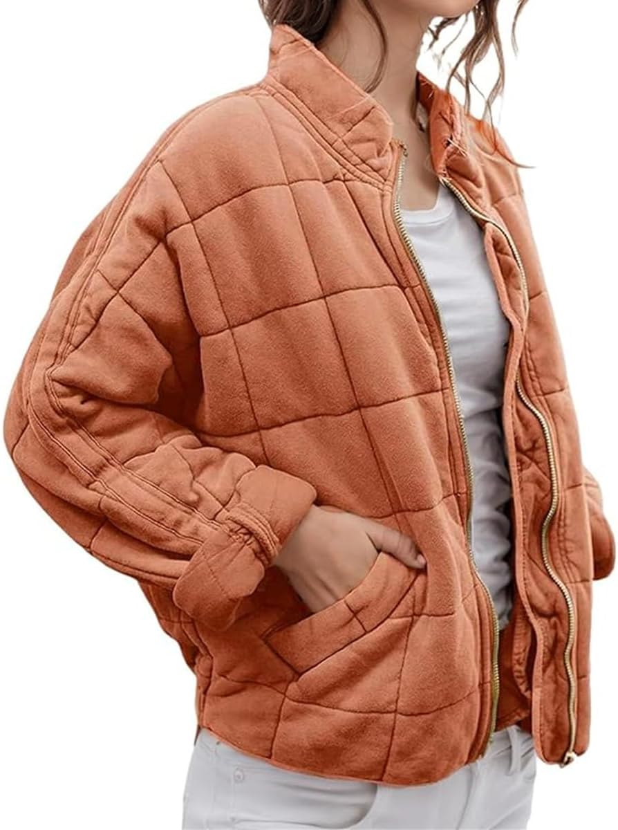 Quilted Jackets for Women Long Sleeve Zip Up Coat, Winter Warm Outwear with Pockets, Casual Fashion Padded Warm Tops