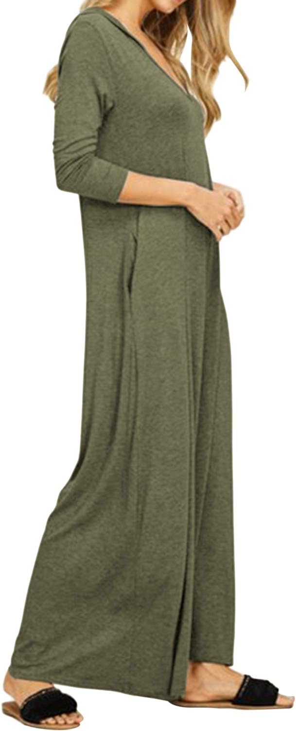 Jacansi Women's 3/4 Sleeve Midi Dress, Casual Loose Fit Solid Color Dress with Pockets, Soft Lightweight Everyday Dress