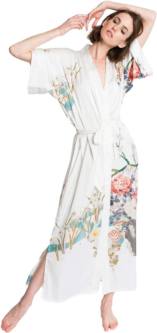 OLDSHANGHAI Luxury Kimono Robe for Women | Long Floral Robe | Original Design | Removable Waist Tie Closure