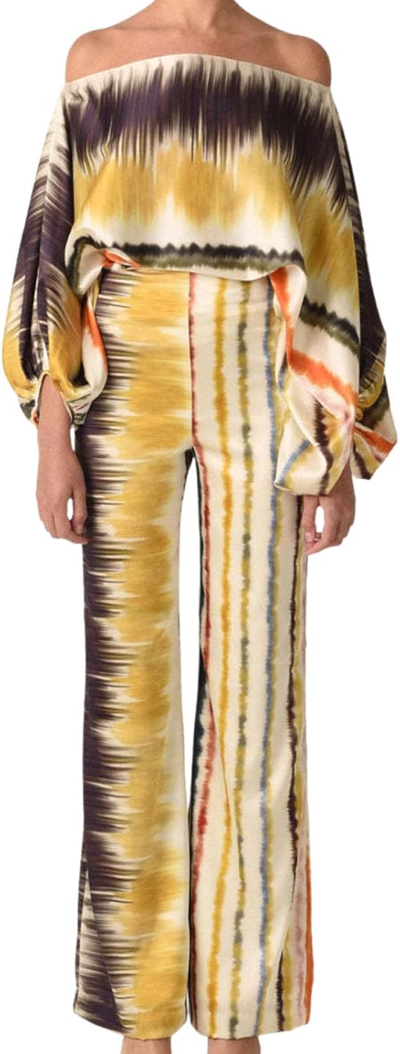 Womens Fall Loose 2 Piece Outfits Off Shoulder Printed Long Sleeve Casual Going Out Wide Leg Pants Set