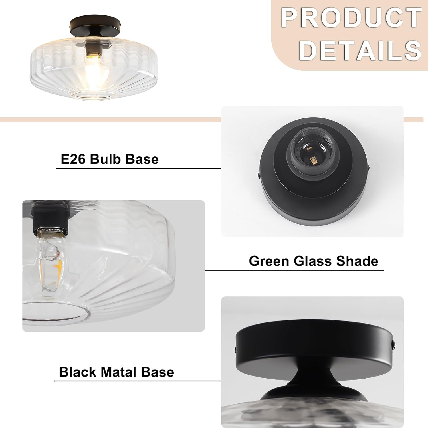 Semi Flush Mount Ceiling Light, 11.8" Vintage Clear Glass Ceiling Lights, 1-Light Mid Century Modern Drum Close to Ceiling Light Fixtures for Bedroom Kitchen Entryway Hallway Porch Foyer