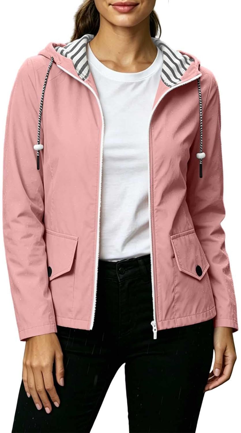 Women's Hooded Rain Jacket Striped Accent Outdoor Windbreaker Jacket Travel Lightweight Waterproof Coats with Pockets