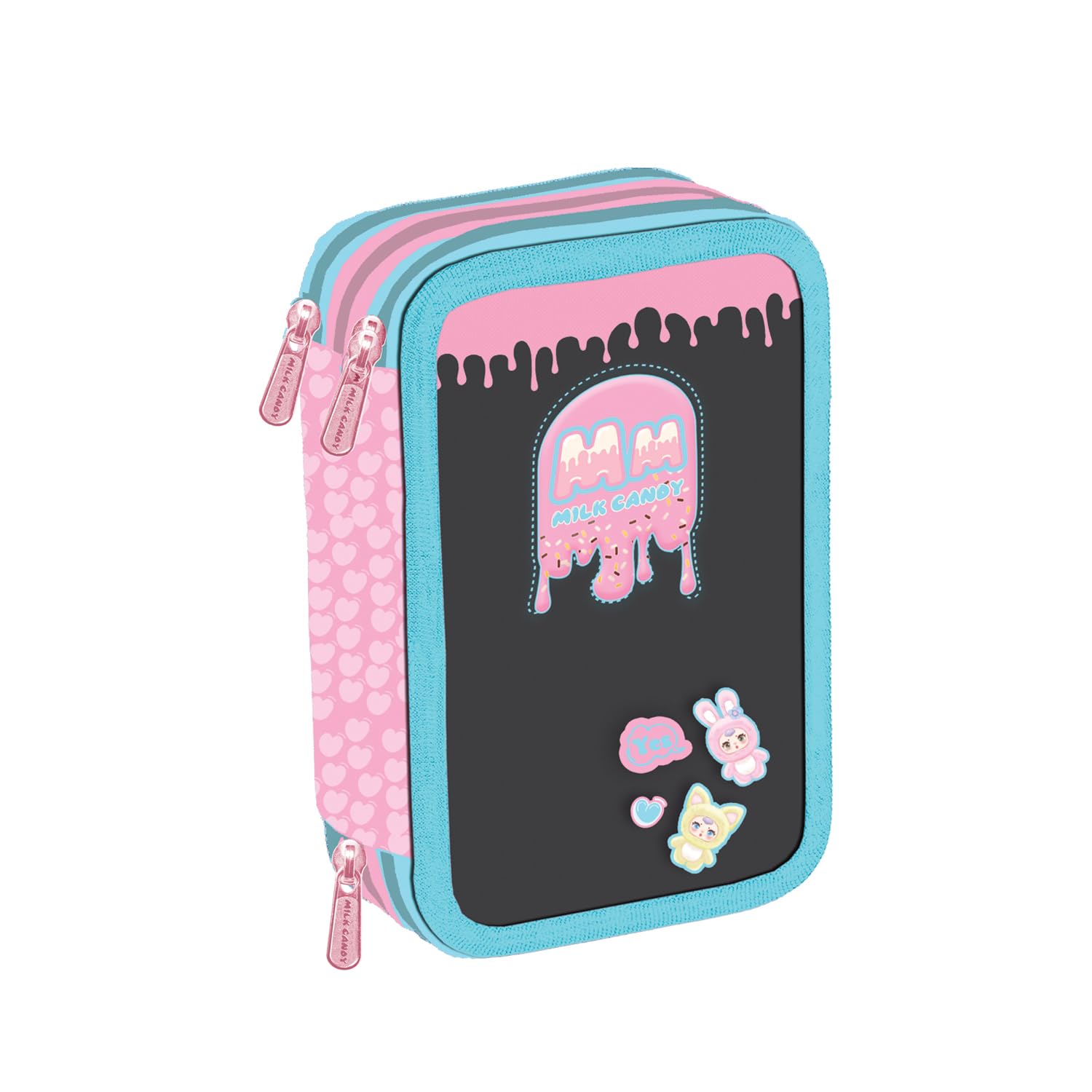 Trousse à trois compartiments pour enfant ou fille d'école primaire, trousse complète de 44 pièces à trois fermetures éclair avec porte-stylo, Pastel au lait, 12 x 6 x 19,5 cm, Trousse