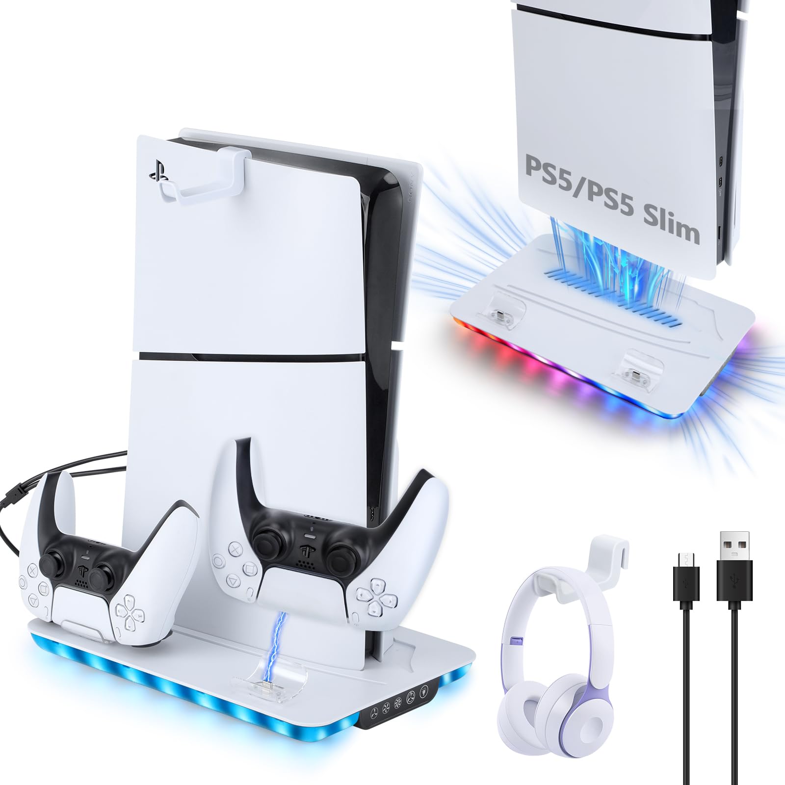 Supporto Verticale con Raffreddamento per PS5/PS5 Pro/PS5 Slim: Base di Ricarica con Doppio Caricatore, 3 Porte USB, Ventola a 3 Velocità e Luci RGB, Accessorio per PS5/PS5 Slim Pro