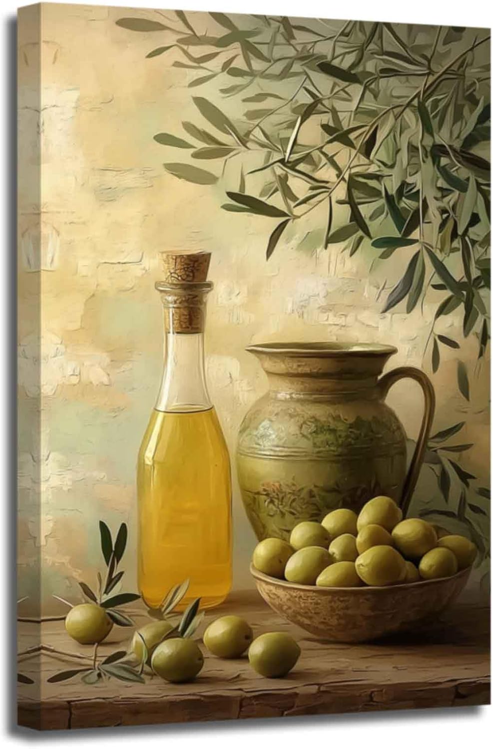 ZSHARTSWD Olive Kitchen Wall Art Vintage Olives Picture Green Olive Branch Canvas Print Rustic Fruit Wine Painting Still Life Artwork Dining Room Decor Framed (18L x 12W)