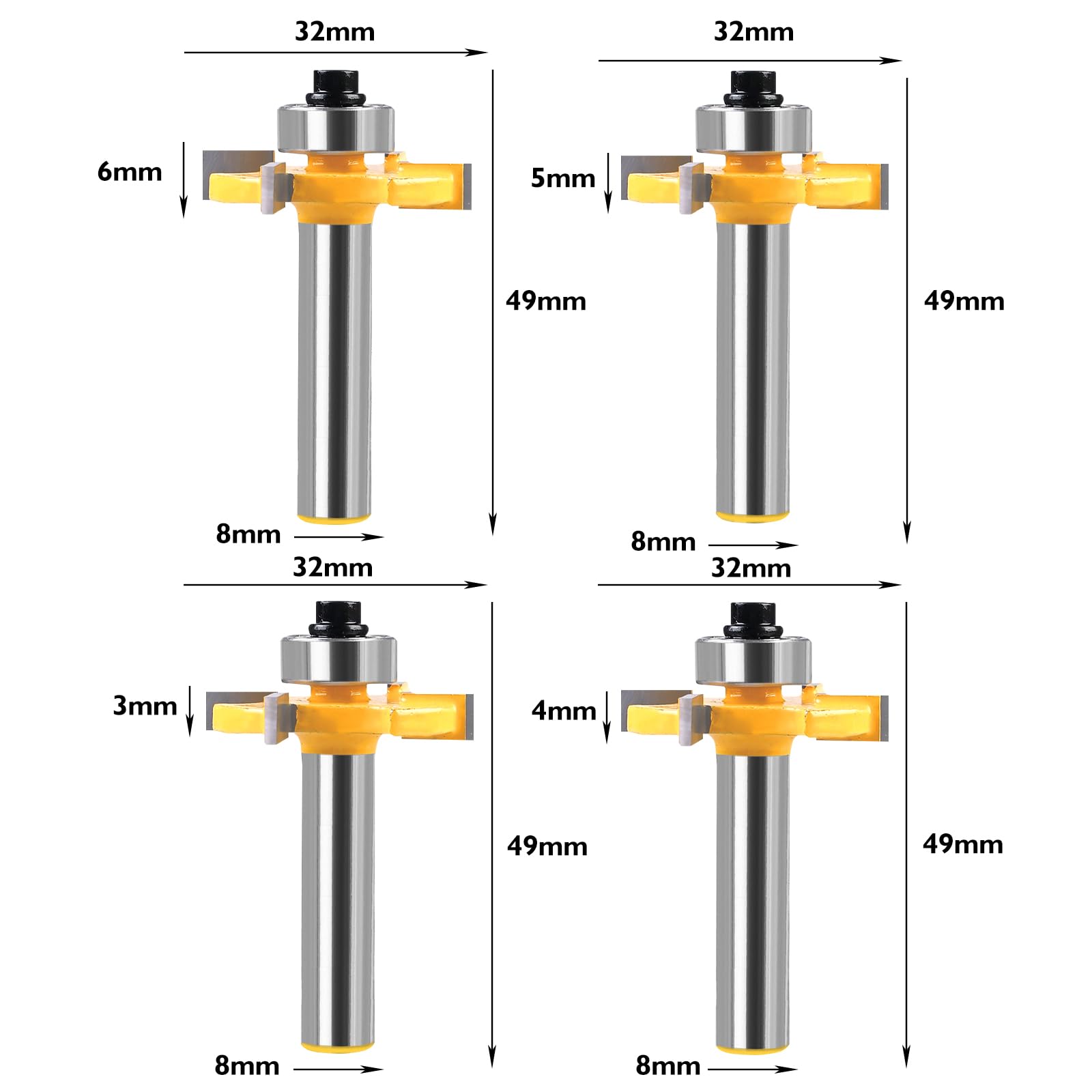 4 PCS 8mm Schaft Scheibennutfräser, Oberfläche Fräser Bit, Nutfräser Oberfräse, Oberfräser Set für Graviermaschine, Trimmmaschine (L 3mm, 4mm, 5mm, 6mm)