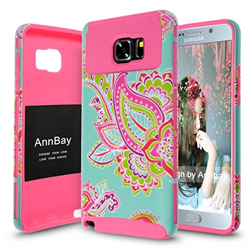 Note 5 Case, Samsung Note 5 Case AnnBay(TM) for Samsung Galaxy Note 5 N9200 2in1 Hybrid Case Heavy Duty Case Hybrid Armor Cover Case with Totem Flower (Hot Pink)