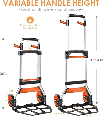 Miniatura 2 de Carrito de dolly, carretilla de mano plegable de aluminio de 309 libras con mango giratorio, carrito plegable de alta resistencia con cable Negro y