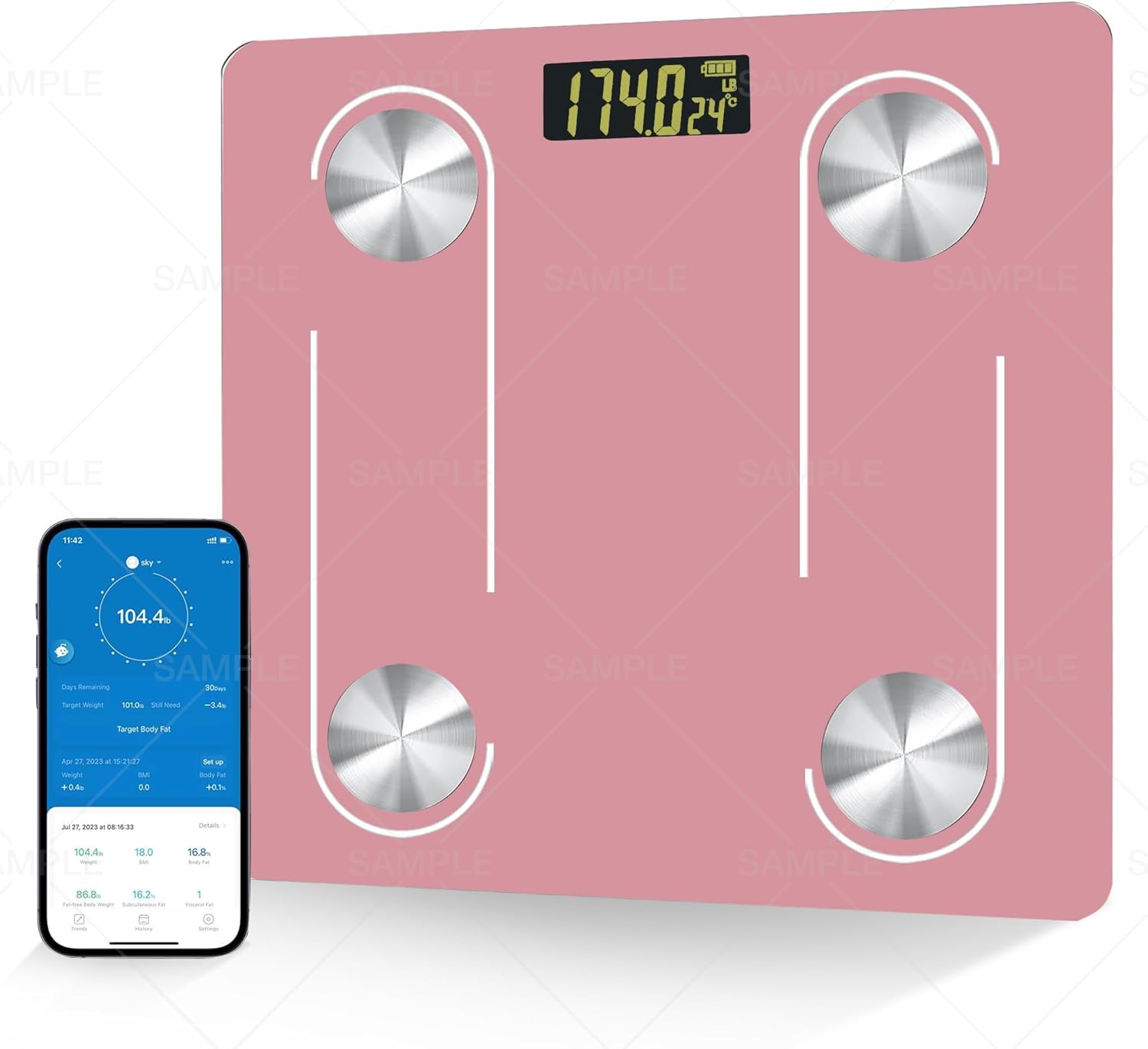 Digital Simple Scale with Led Display Practical Body Fat Scale, Bathroom Scale with Smartphone App (Pink)
