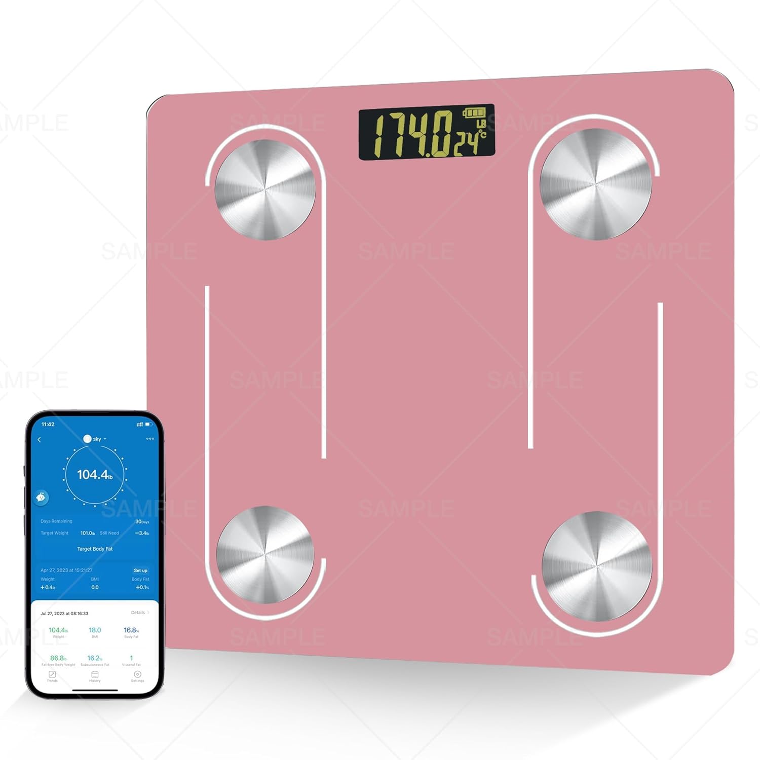 Digital Simple Scale with Led Display Practical Body Fat Scale, Bathroom Scale with Smartphone App (Pink)