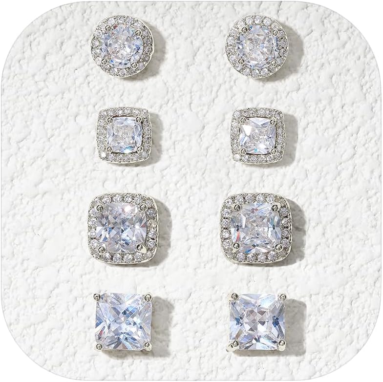 EVER FAITH Round Square Cubic Zirconia Stud Earrings for Women Men, Hypoallergenic Brilliant Simulated Diamond CZ Halo Pierced Earrings Set for Bride (4 Pairs)