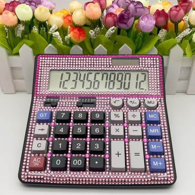 Bling Crystal Desktop Calculator with Extra Large LCD Display, 12-Digit Two Way Power Solar & Battery Office Calculator with Big Buttons and Rhinestones -Pink