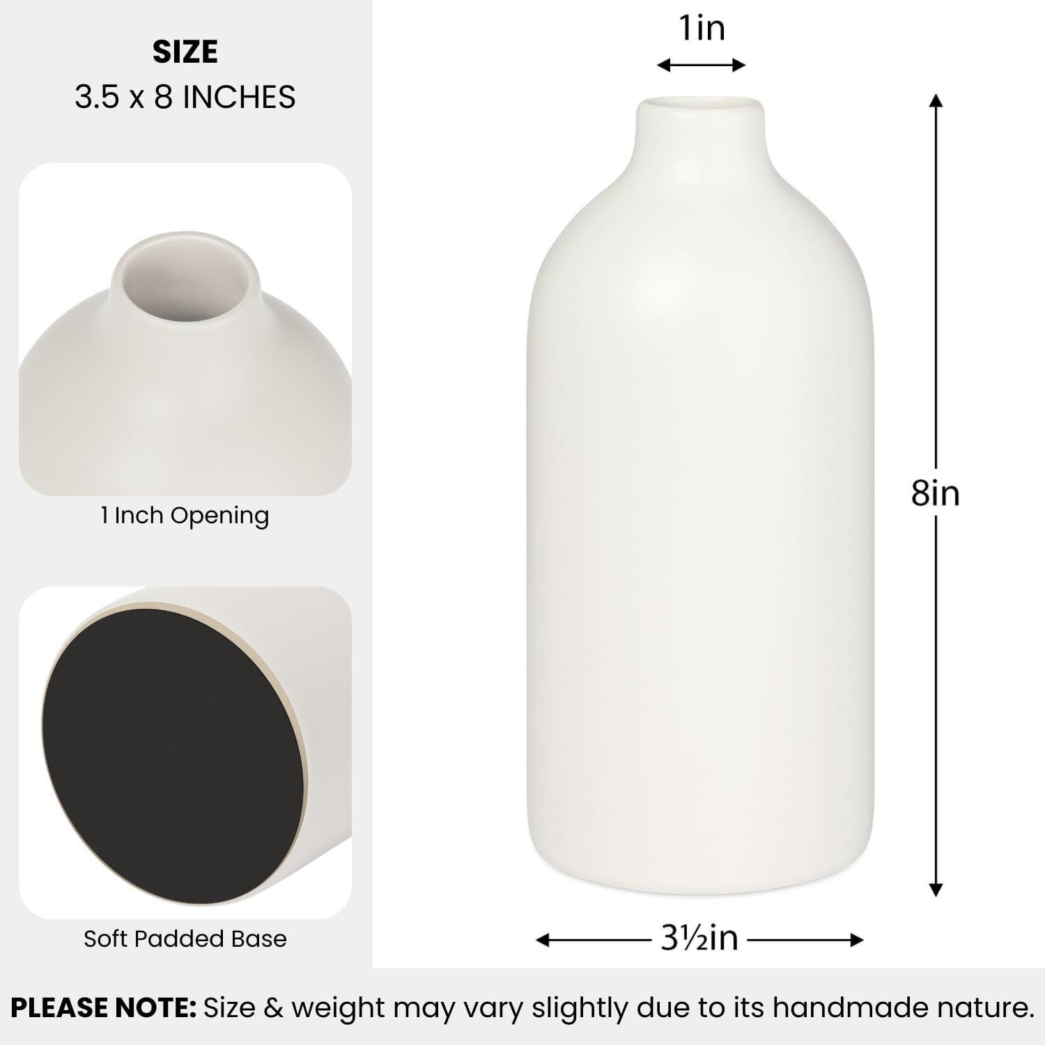 Torre & Tagus 8 Inch White Ceramic Vase for Flowers Home Decor - Matte Table Vase, Smooth Finish with Modern Decor Design, Sized for Mantels, Shelfs, Tables, Desk (Komi 3.5" x 8"H)