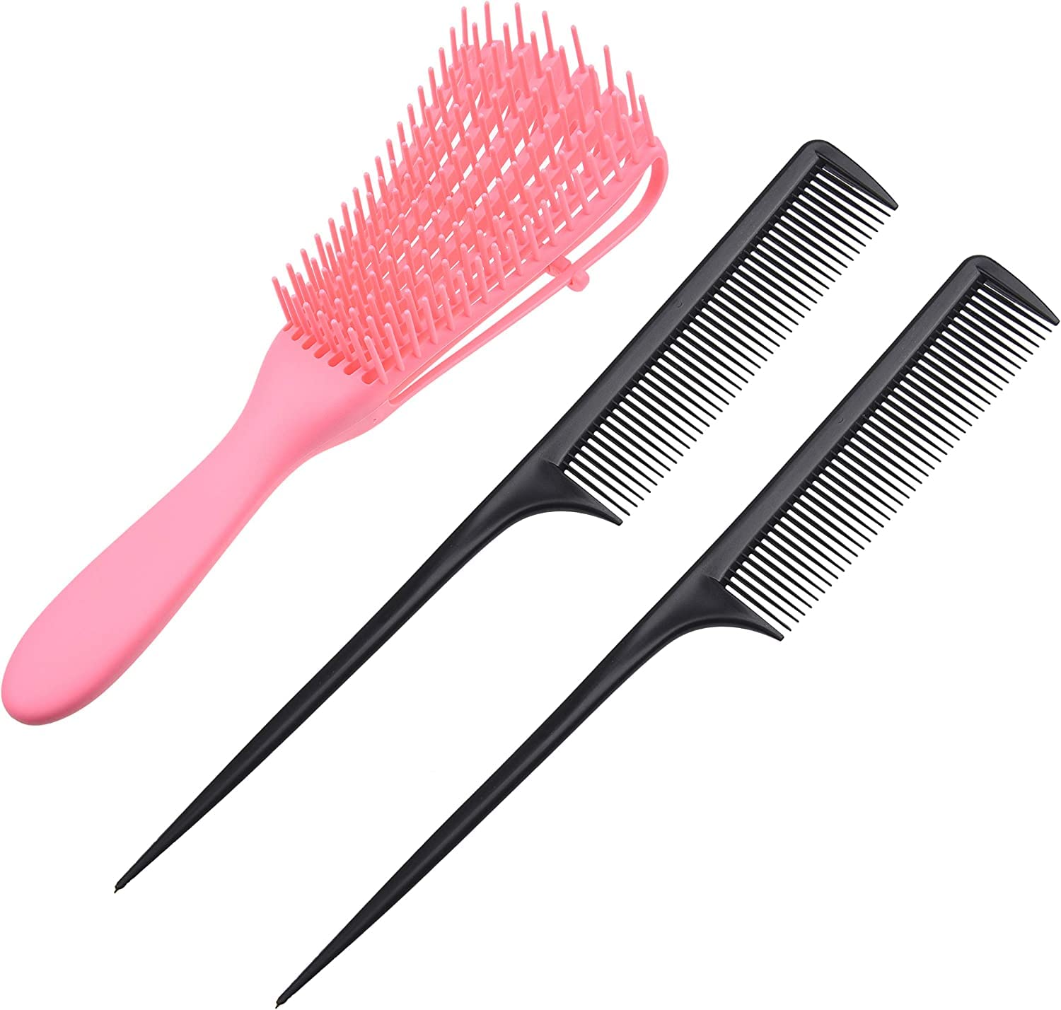 ORiTi Brush and Comb Set - 1x Detangling Hair Brush, 2x Styling Brush - Detangling for African/American Hair Texture and Curly, Wavy, Afro Hair - Rat Tail Combs For Styling All Hair Types