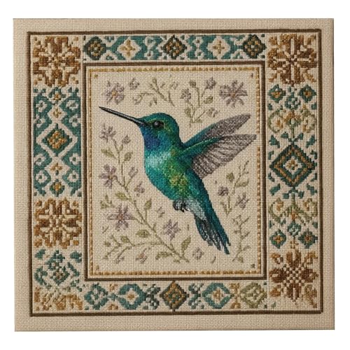 sacxi Bird-Themed Cross Stitch Kit with Floral Pattern - Cardinal, Hummingbird, Bluebird - Complete DIY Embroidery Art Set for Beginners and Experienced Crafters (Green Hummingbird)