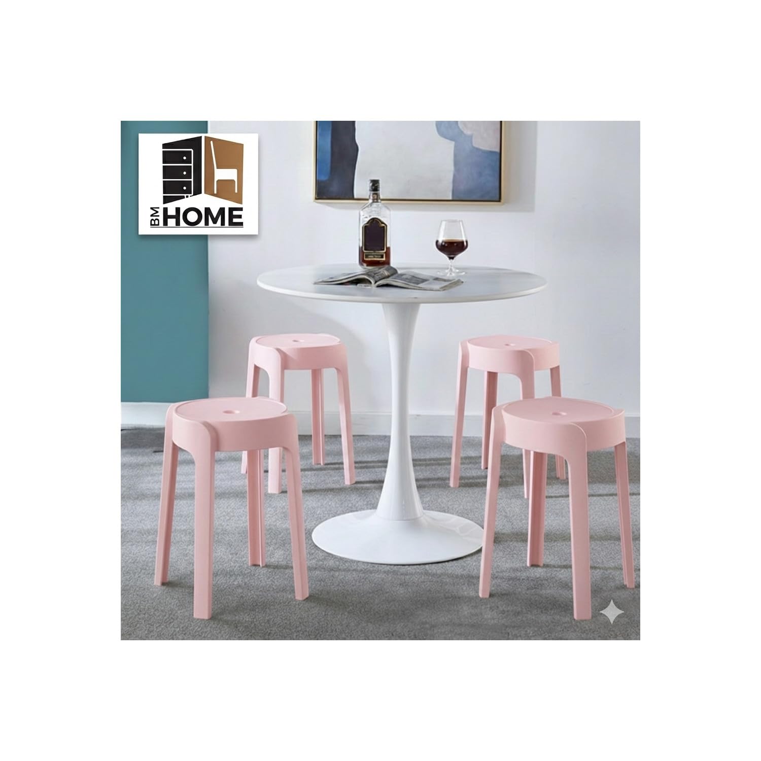 Tabourets Gigognes Empilables BM Home Tab-Rose Plastique Léger Maison Cuisine Jardin