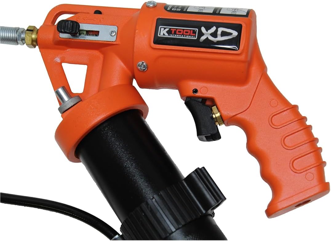 K Tool International XD73901 Pneumatic Pistol Grip Grease Gun for Garages, Repair Shops and DIY, Dual Mode, Ergonomic Angled Design, 30" Hose and Coupler, 14oz Bulk Loader w/Air Bleeder, Black/Orange