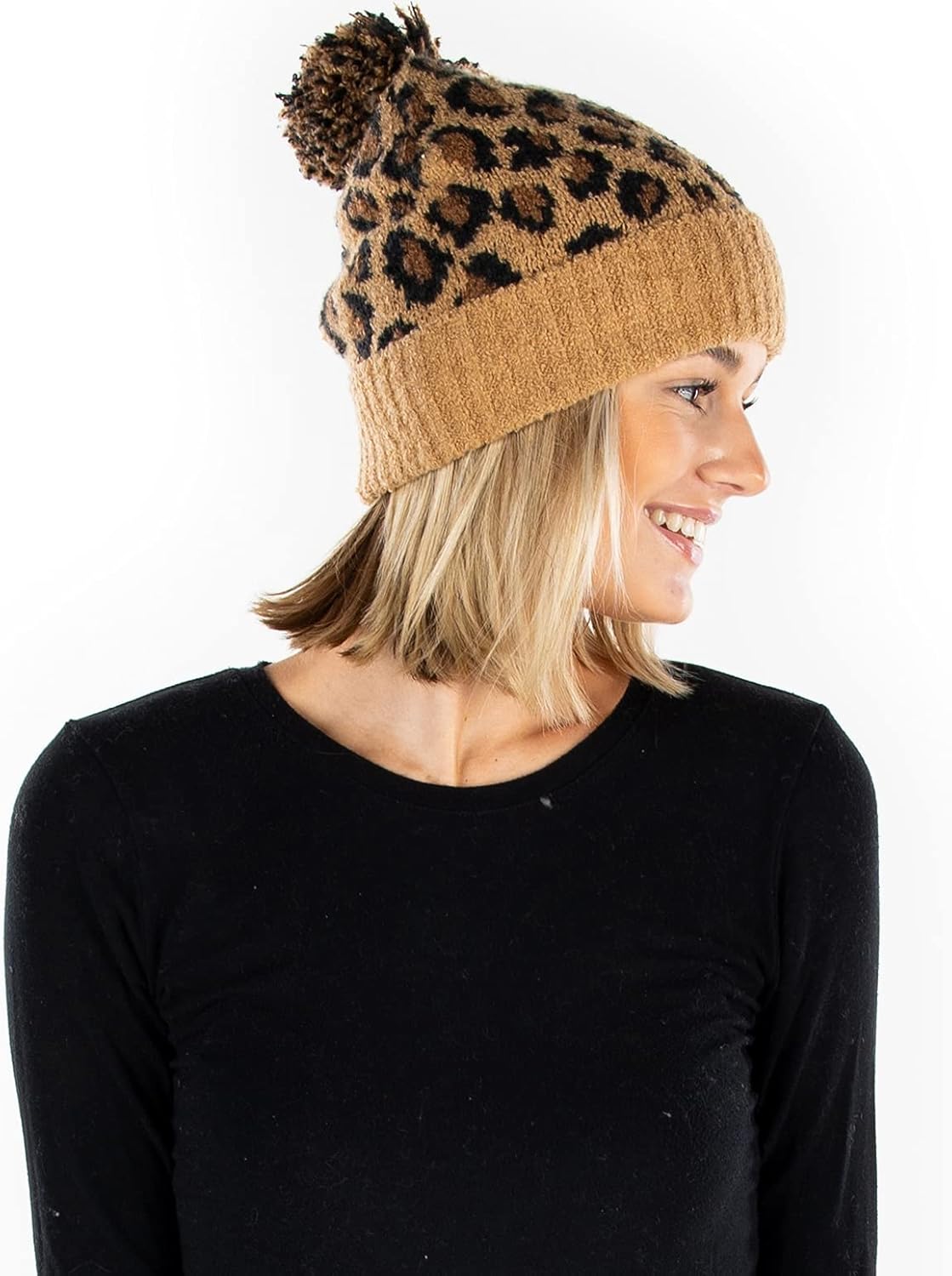 Funky Junque Women’s Leopard Print Pom Beanie & Gloves Set – Cozy Knit Winter Hat, Stylish Cheetah Cold Weather Accessories