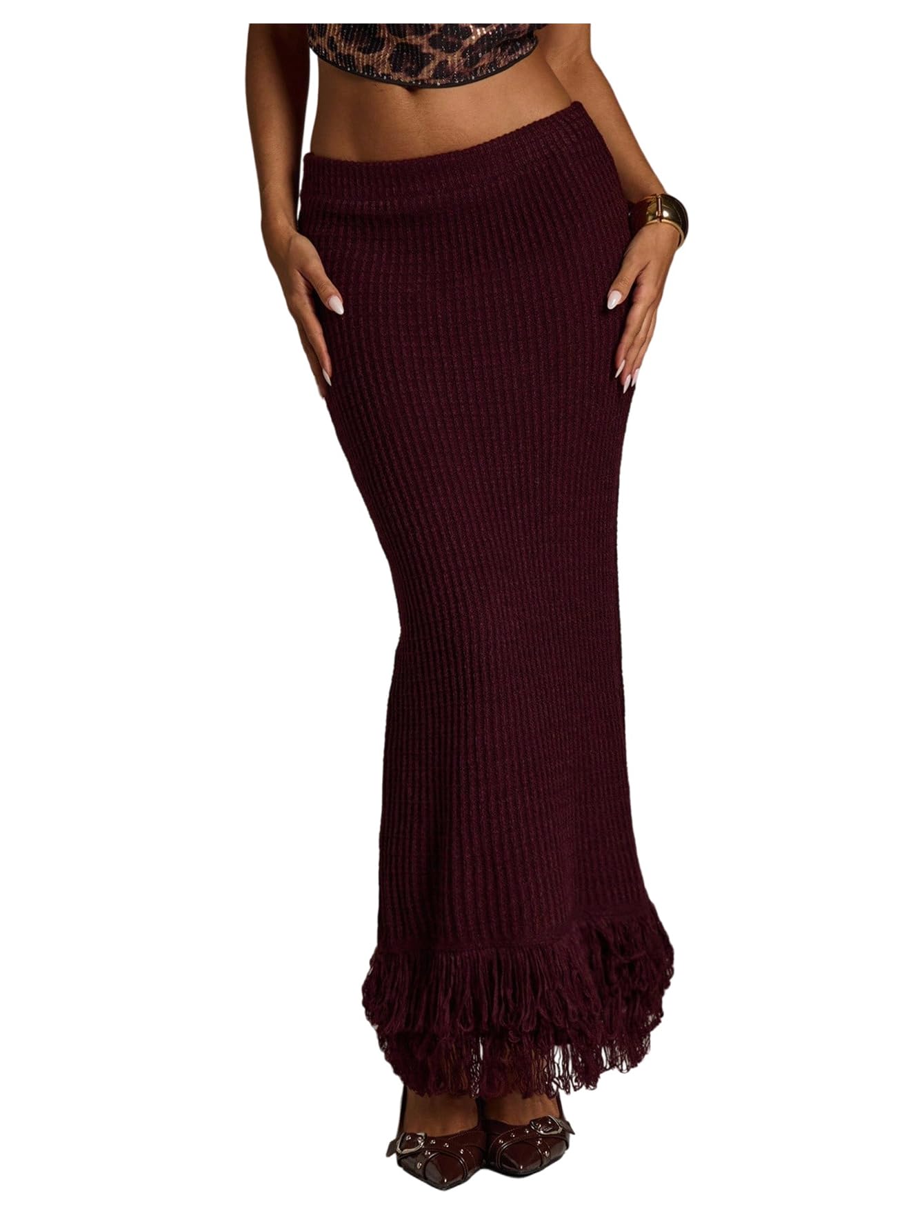 MakeMeChic Womens Sweater Skirt Low Waist Fringe Knit Fishtail Bodycon Maxi Skirts