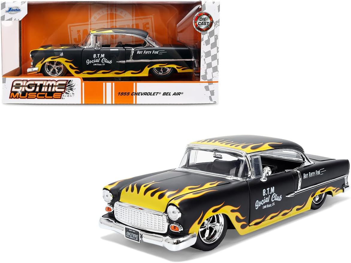 Diecast Model Car Compatible for 1955 Chevy Bel Air Matte Black with Flames, B.T.M Social Club, Jada 1:24 Scale 36606