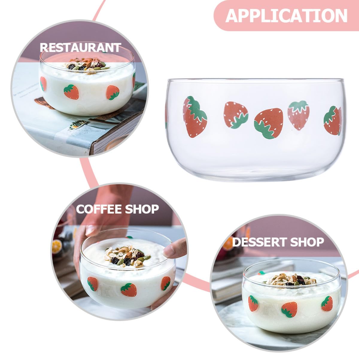DOITOOL 4 Piezas Cuencos de Vidrio con Diseño de Fresas Bol para Ensalada y Postres Recipiente Transparente para Frutas para Cocina y Hogar Resistente y Decorativo