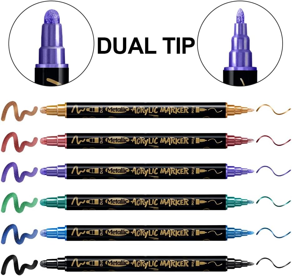 TRANSON 12Colors Metallic Paint Markers Bold and Fine Dual-tip for Rock Wood Ceramic Canvas DIY Painting Drawing - Image 4