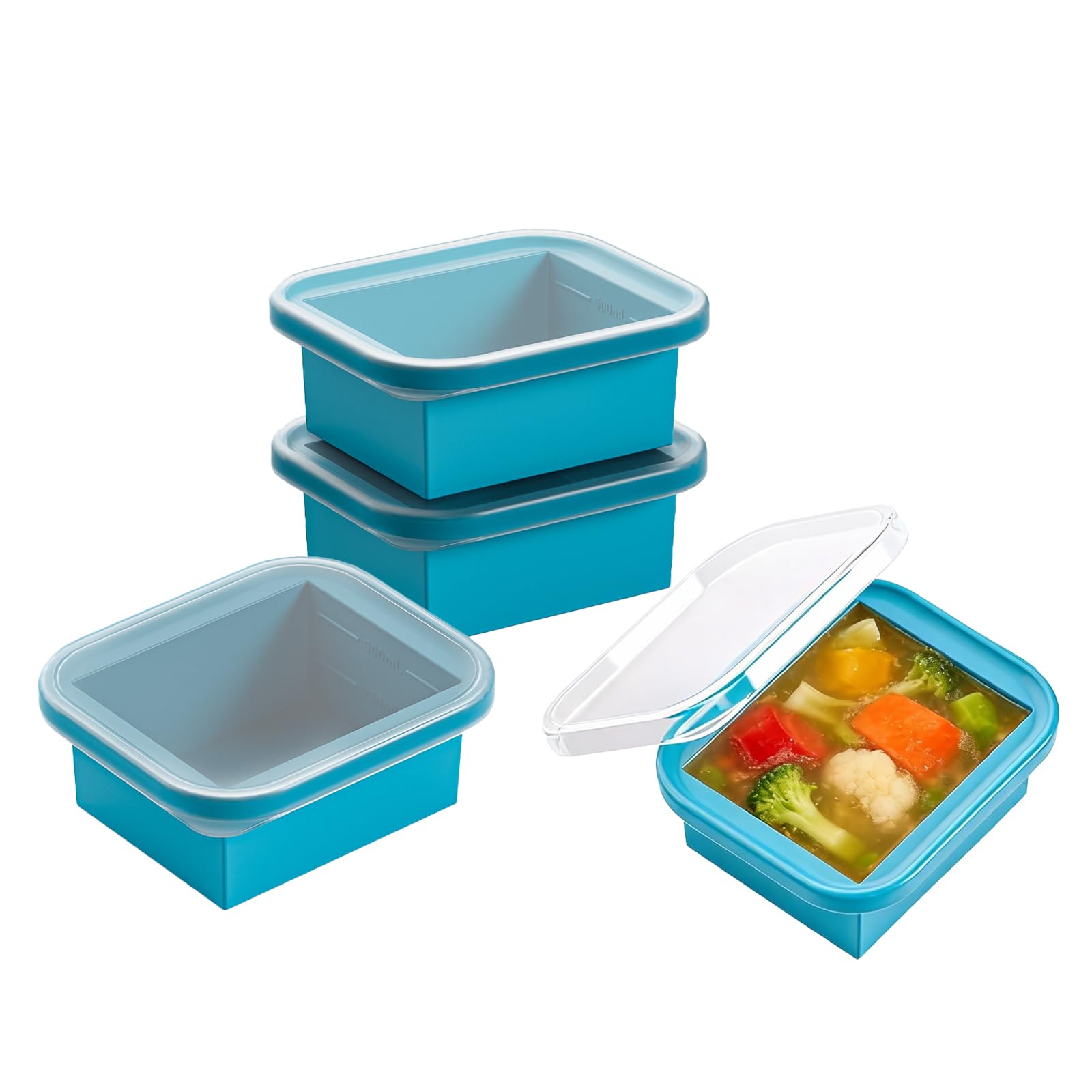 Hniuyun 4 Pack Silicone Freezer Trays with Lids - 2-Cup (500ml) Soup Storage Containers, Extra Large Ice Cube Molds for Stews, Sauces & Meal Prep, Oven & Dishwasher Safe