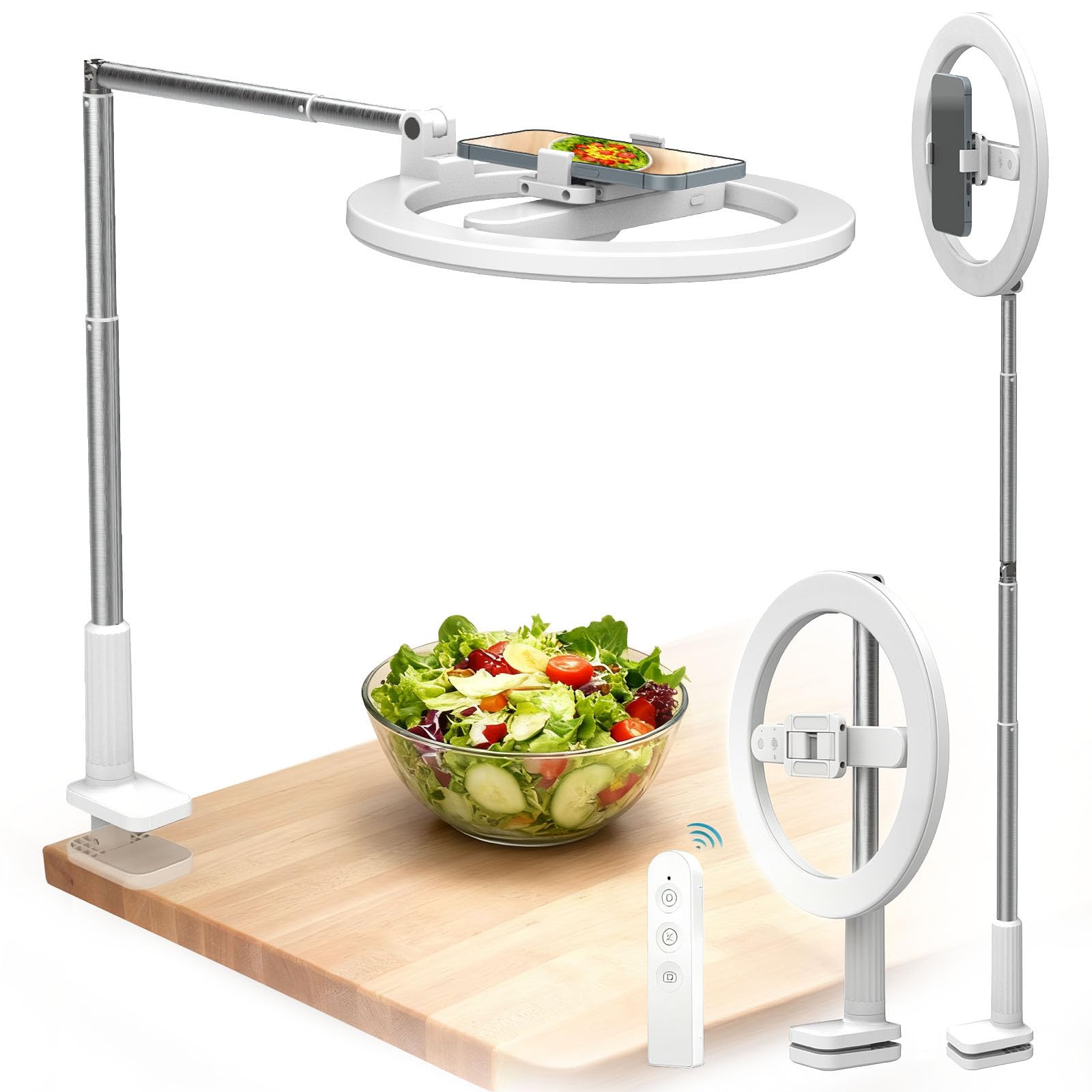 Supporto per telefono con luce ad anello per telefono, luce ad anello LED per scrivania con supporto e telecomando, treppiede per registrazione video, fotografia, TikTok, Live Stream, Cooking Vlogging