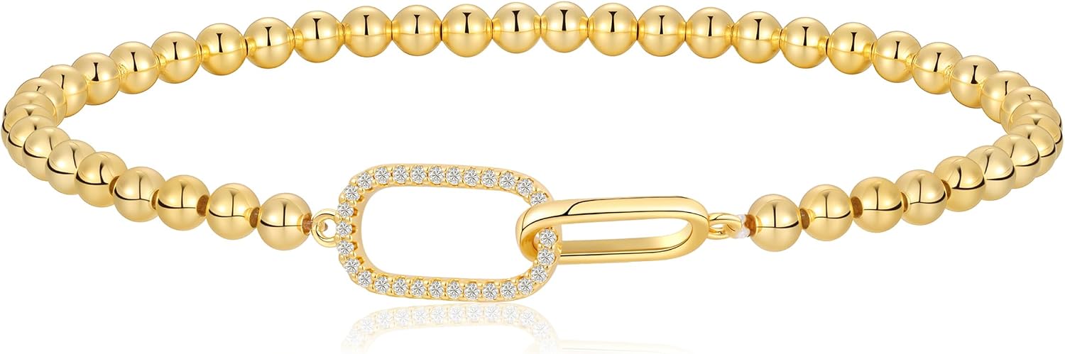 Gold Bracelets for Women, Cute 14K Gold/Silver Plated Stretch Beaded Bracelets for Women Trendy Stackable Charm Bracelet Dainty Adjustable Waterproof Non Tarnish Jewelry Gifts for Her
