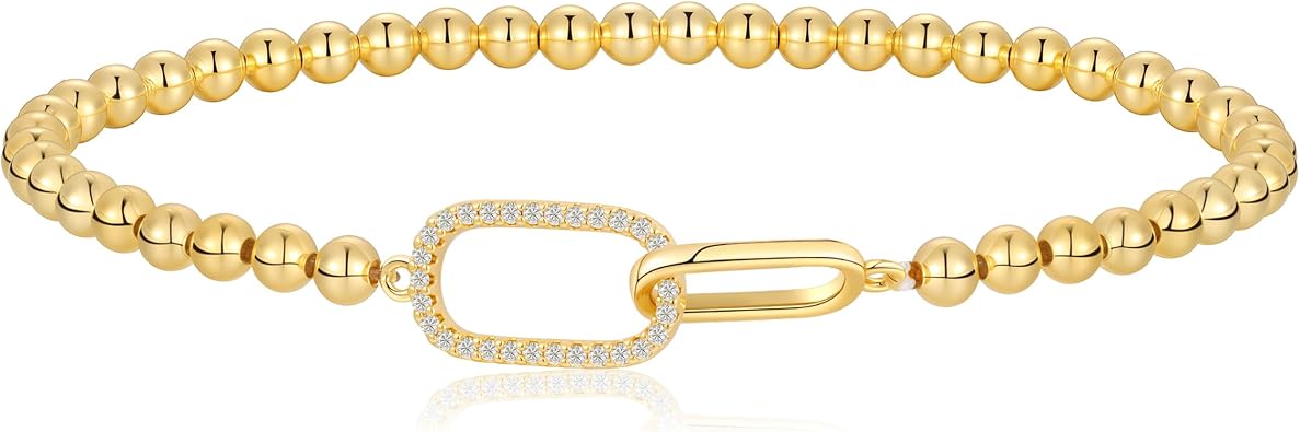 Gold Bracelets for Women, Cute 14K Gold/Silver Plated Stretch Beaded Bracelets for Women Trendy Stackable Charm Bracelet Dainty Adjustable Waterproof Non Tarnish Jewelry Gifts for Her