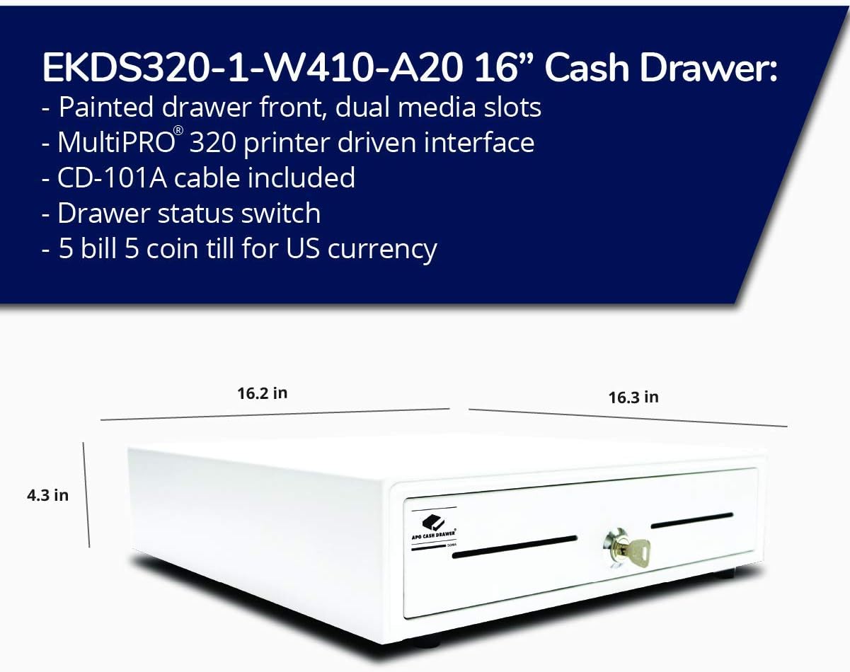 APG Entry Level- 16” Electronic Point of Sale Cash Drawer | Arlo Series EKDS320-1-W410-A20 | Printer Compatible with CD-101A Cable Included | Plastic Till with 5 Bill/ 5 Coin Compartments | Black : Office Products