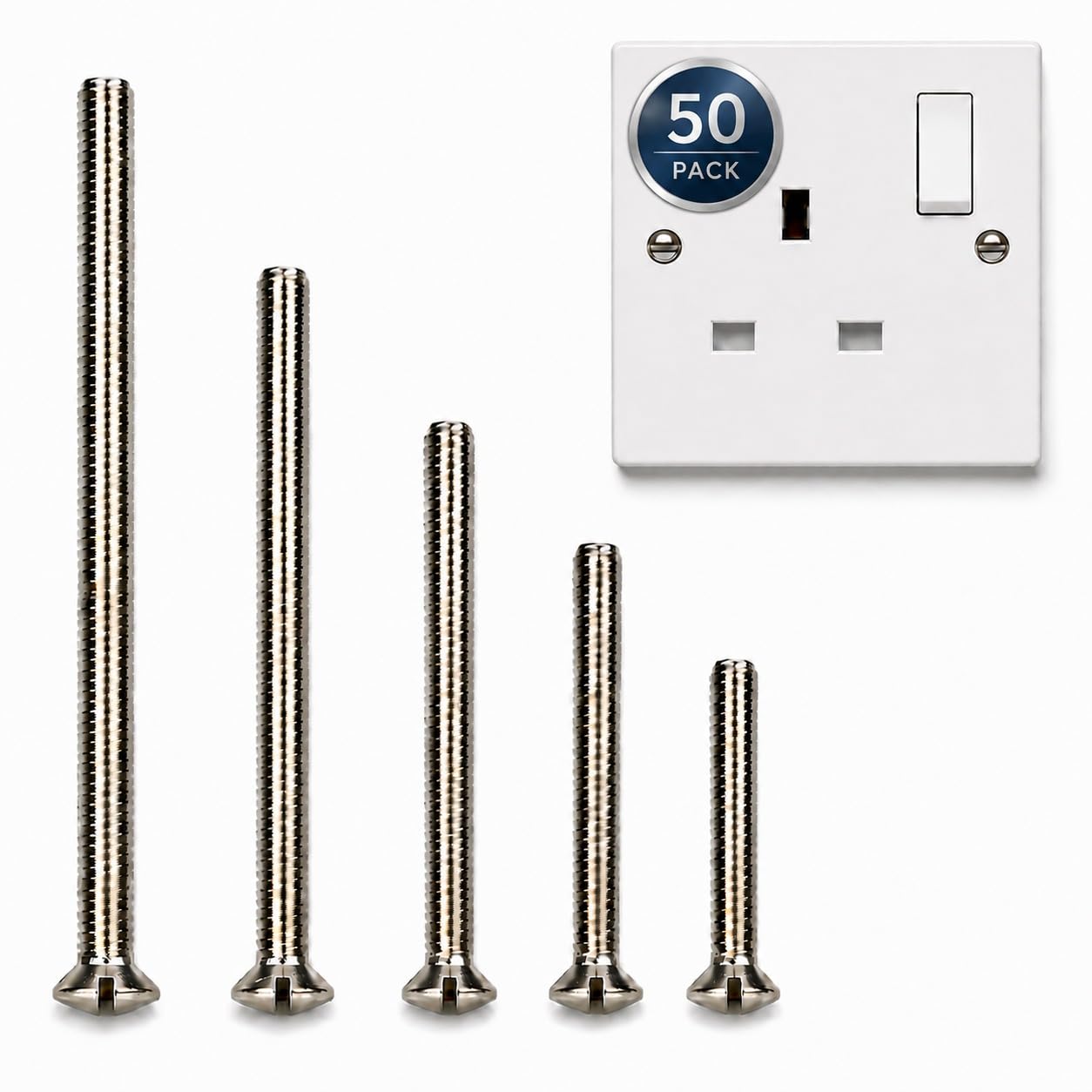 M3.5 Electrical Socket Screws | 50 Pack | 10 Each 25, 35, 40, 50 & 75mm | Slotted Raised Head | Nickel Plated (Raised, 25-75mm)