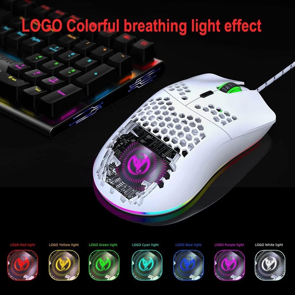 HXSJ J900 mouse with illuminated logo showing colorful breathing light effect