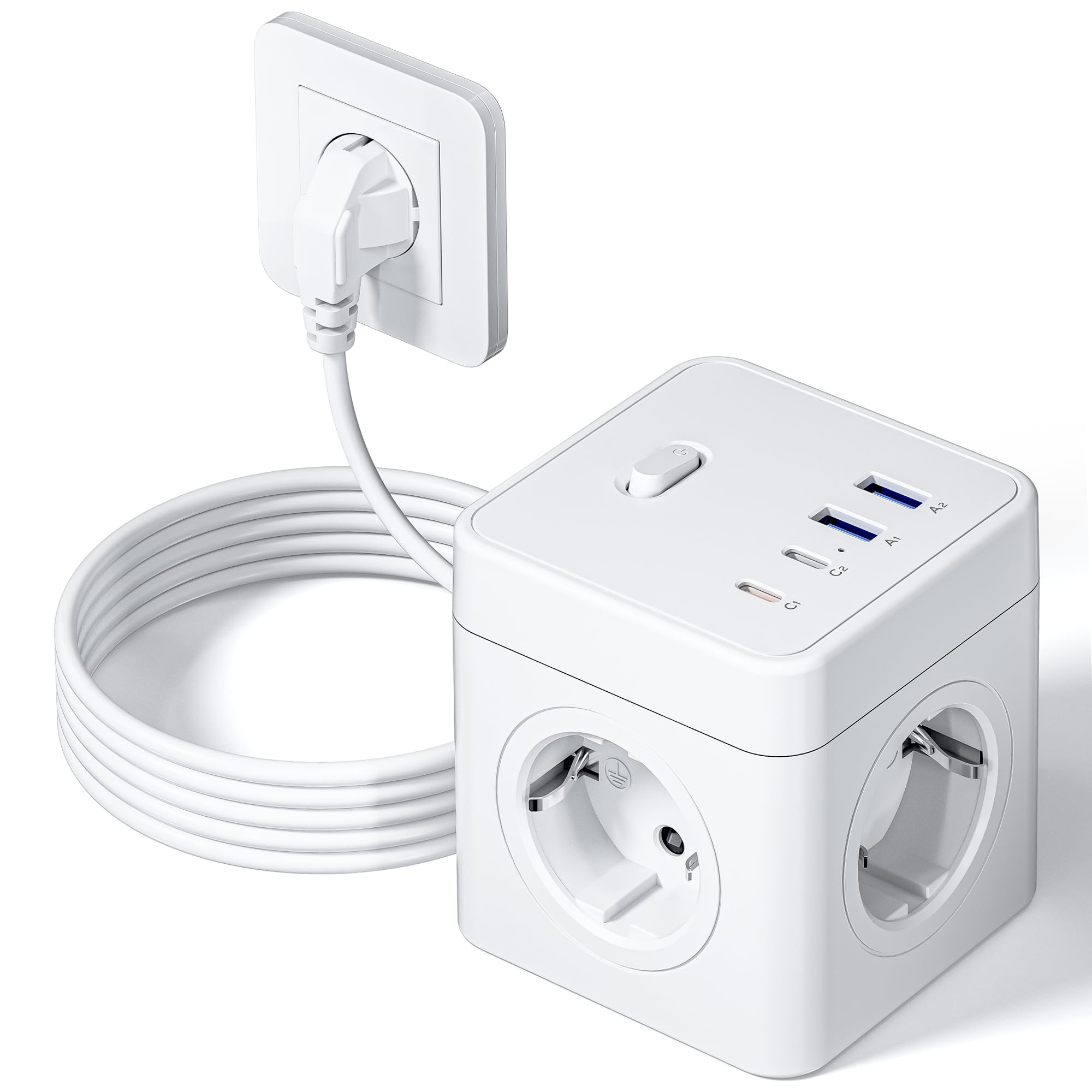 RIXGLEAM Steckdosenwürfel mit USB,8 in 1 Steckdosenleiste mit 2 USB-C (20 W), Schnellladung Mehrfachsteckdose mit Verlängerungskabel 3 m, Steckdosenwürfel Ohne Kabel für Zuhause/Büro/Reisen,Weiß