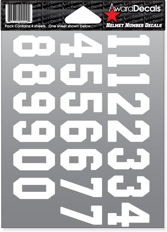 Number Stickers for Helmets (Football, Baseball, Softball, Hockey, Lacrosse, Etc.) (White)