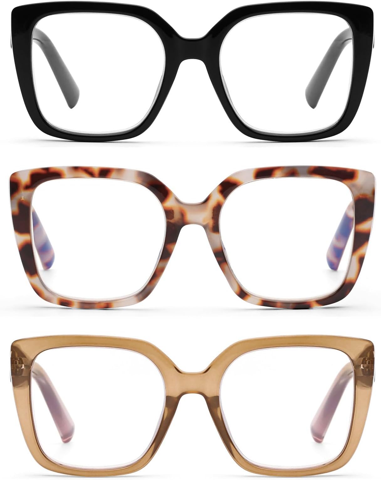 DOOViC 3 Pack Oversized Reading Glasses for Women Blue Light Blocking Square Stylish Computer Readers