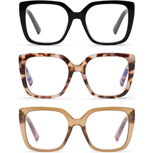 DOOViC 3 Pack Oversized Reading Glasses for Women Blue Light Blocking Square Stylish Computer Readers