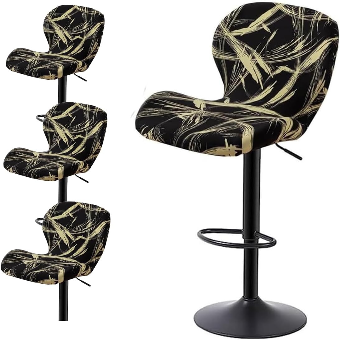 Black Bar Stool Cover Curved Barstool Covers Set of 4 Printed Soft Spandex Barstool Slipcover Removable Washable Swivel Stools Slipcovers for Office Dining Room Kitchen,(Black4,4pcs)